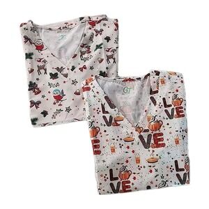 2/ GT Performance Holiday Themed Scrub Tops Christmas Thanksgiving Medium NWT